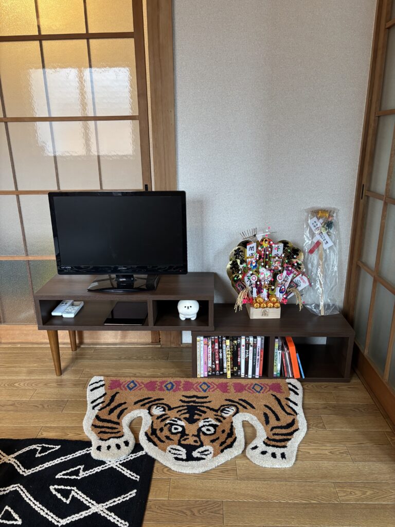 寅ラグが顔を出したテレビボード